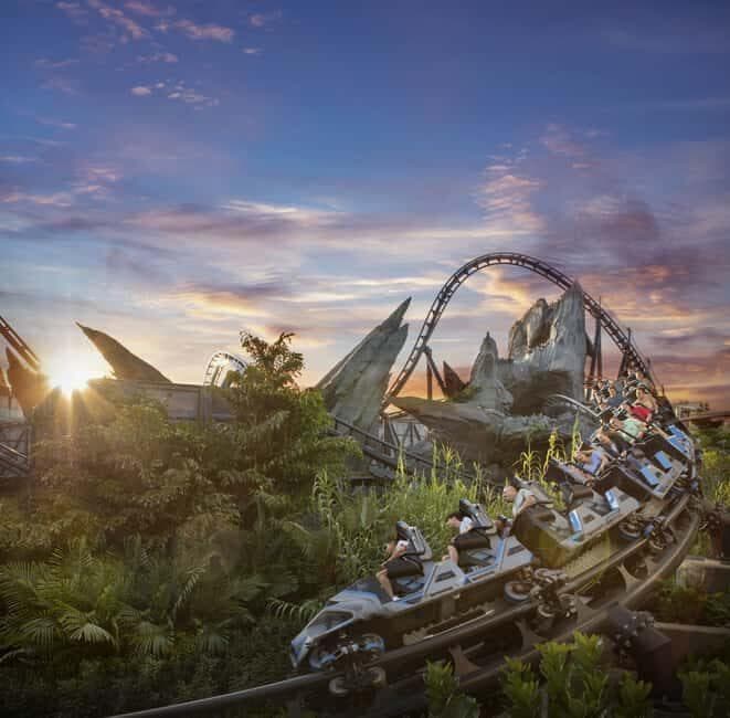 Theme park destination at sunset